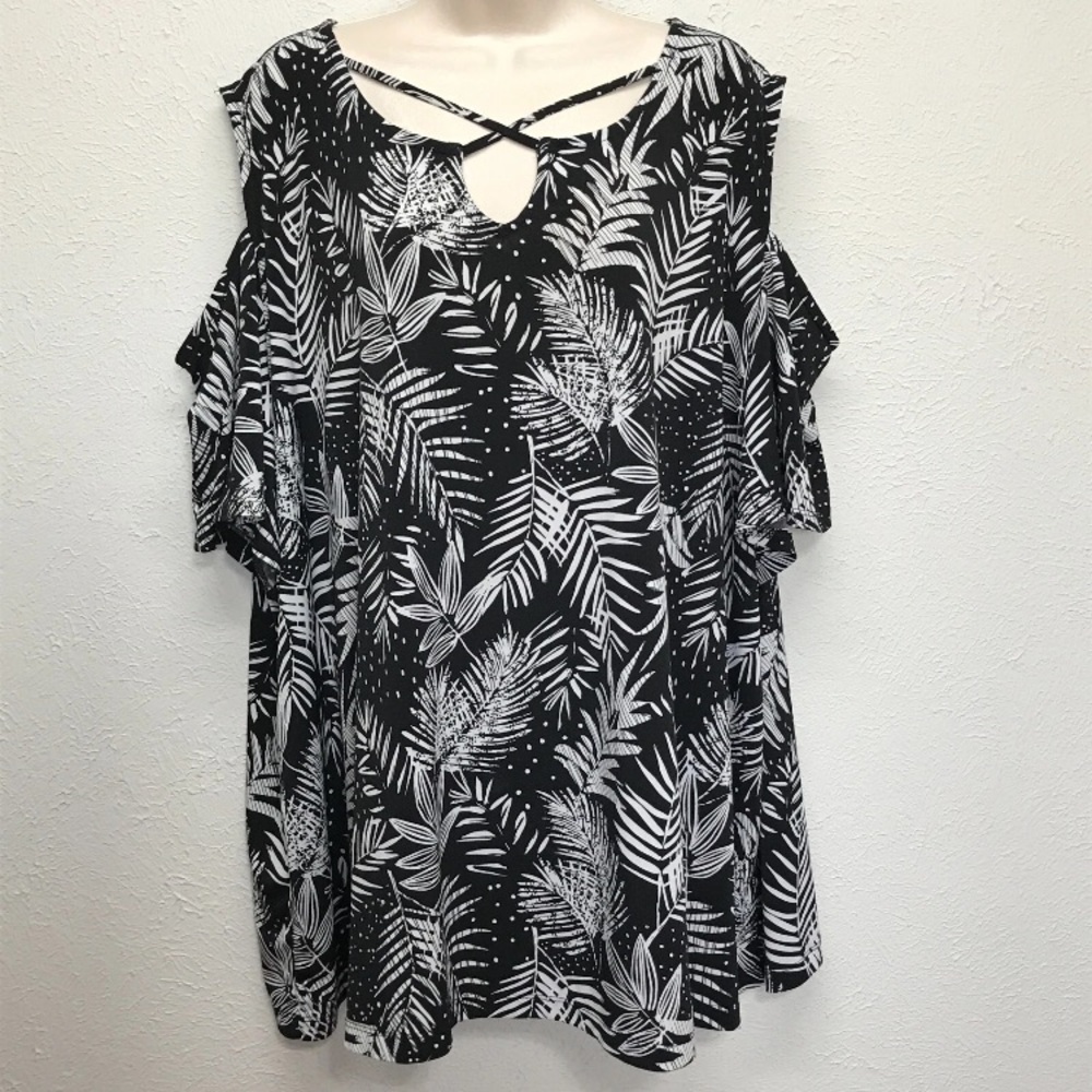 Catherines Black and White Tropical Print Blouse 3X